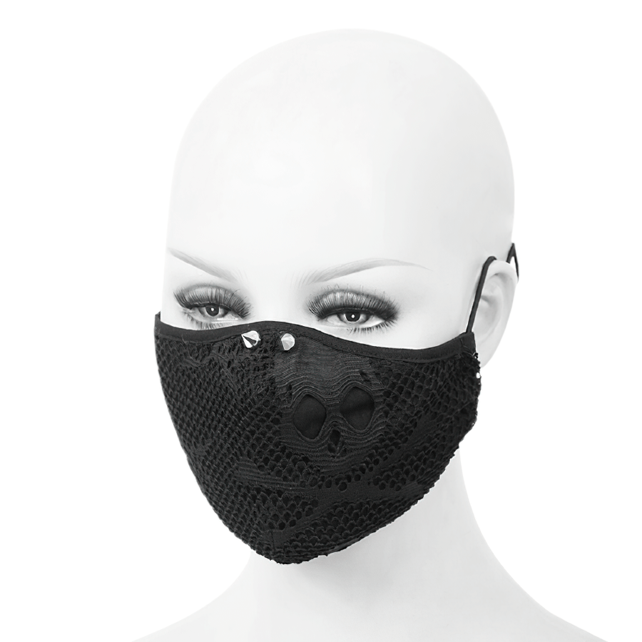 Gothic unisex black skeleton mesh mask on a mannequin, featuring skull print and adjustable elastic cord.