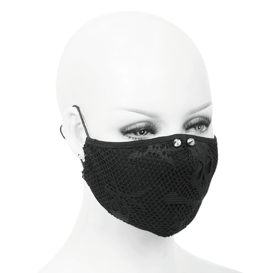 Gothic black breathable mesh mask with skull print, adjustable elastic cord, perfect for stylish unisex fashion.