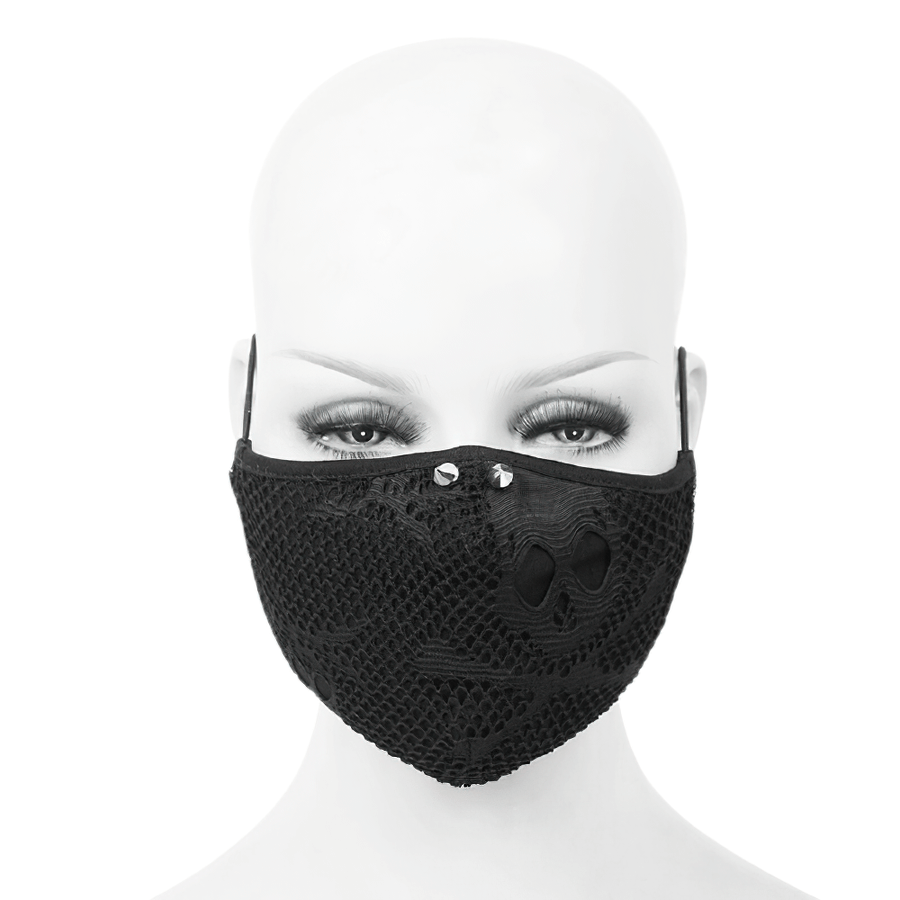 Gothic black breathable skeleton mesh mask with skull print on mannequin, featuring adjustable elastic cord.