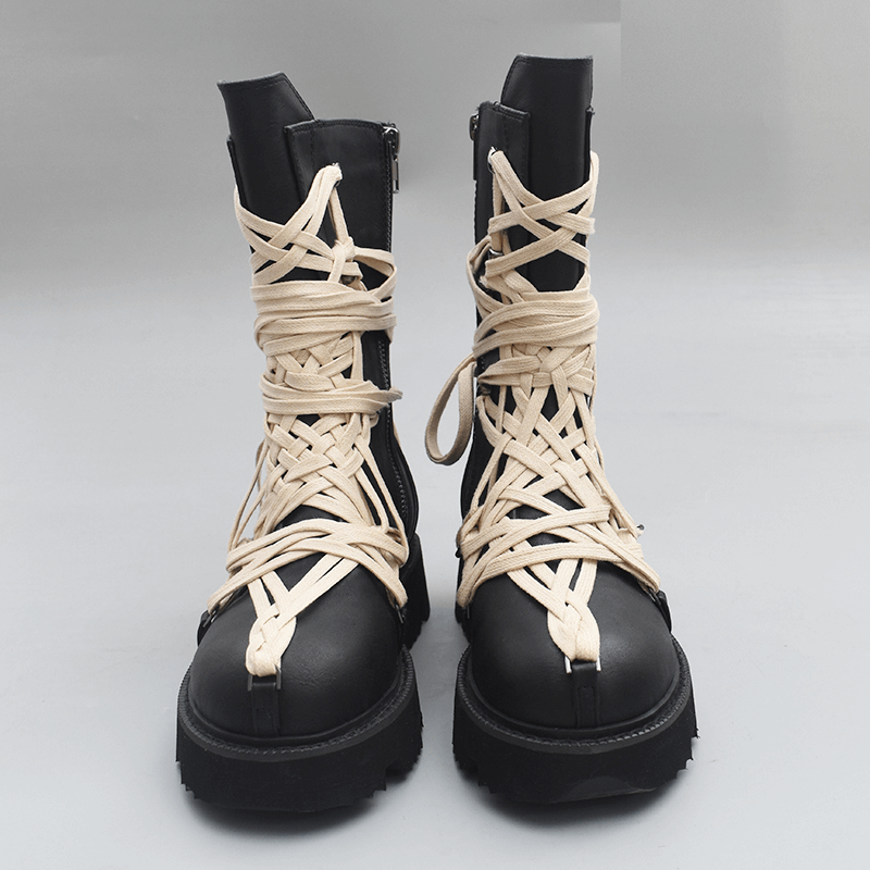British style thick-soled high-top ankle boots for men and women with creative lace design and side zipper.