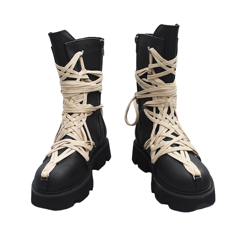British style thick soled high-top ankle boots with unique lace design for men and women.