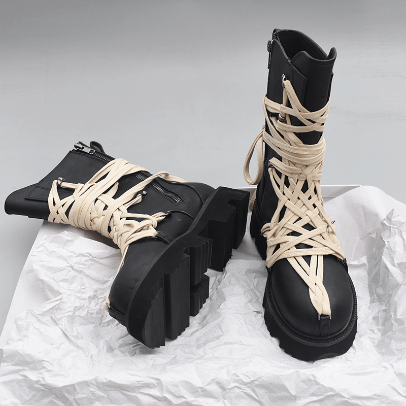British style thick-soled high-top ankle boots for men and women with unique lacing design.