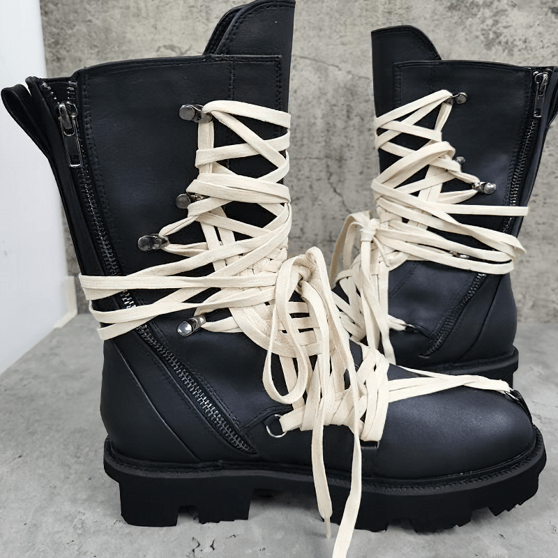British style high-top ankle boots with side zippers and stylish cream laces, ideal for trendy men and women.
