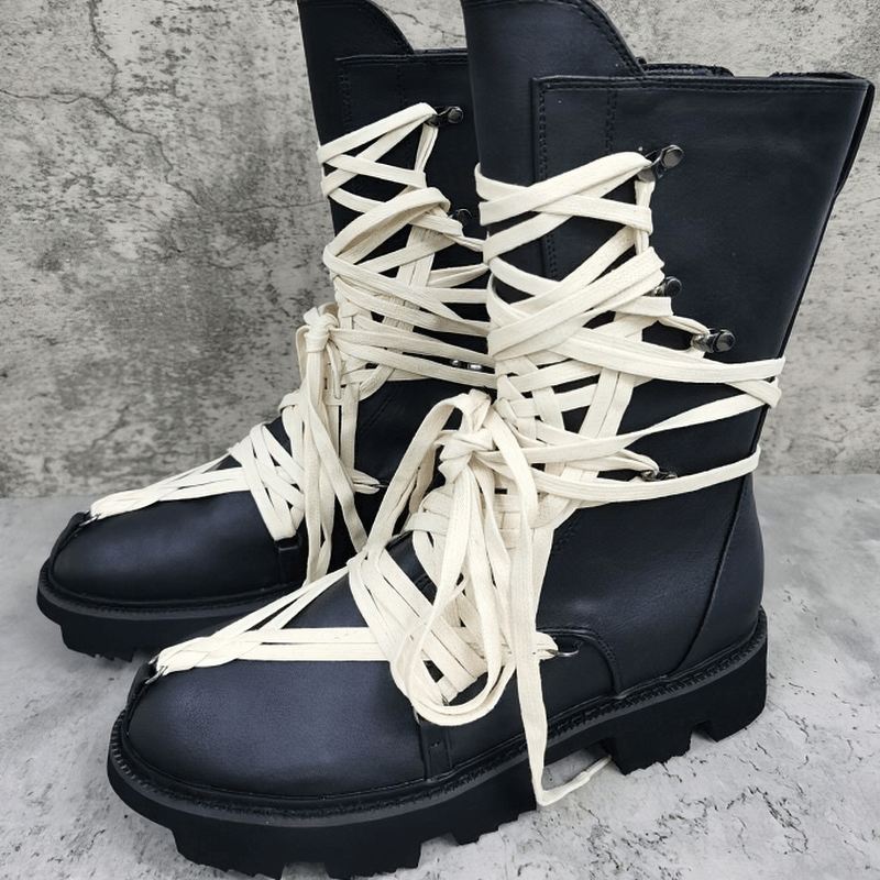 British style thick-soled high-top ankle boots with white laces for men and women, perfect for a trendy wardrobe.