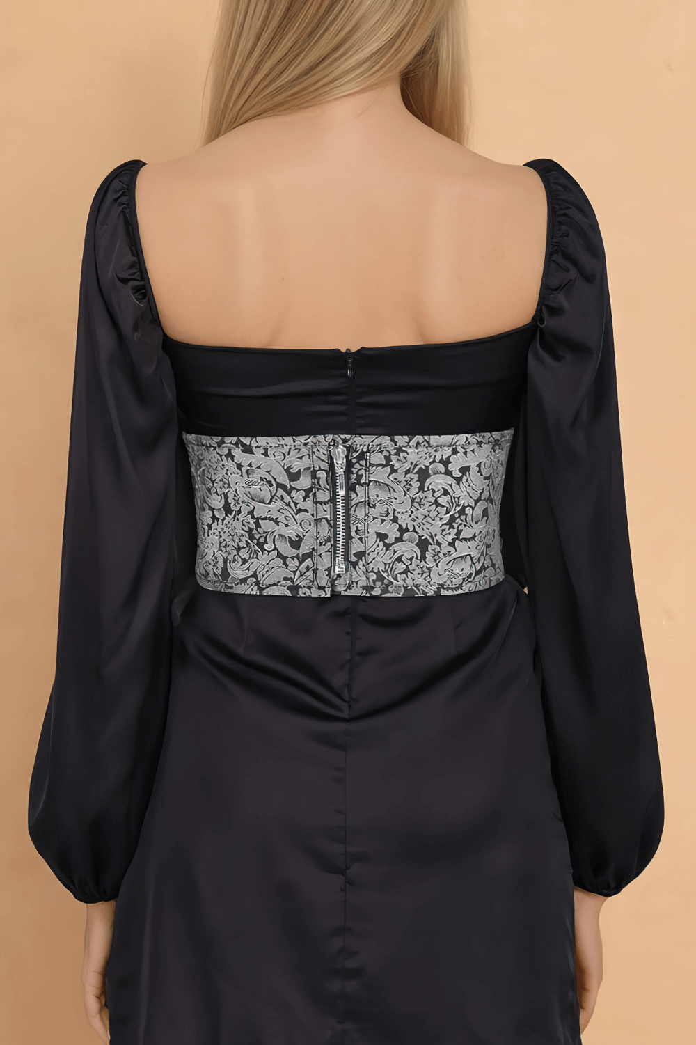 Back view of elegant brocade corset belt with zipper, highlighting vintage design and adjustable fit for women.