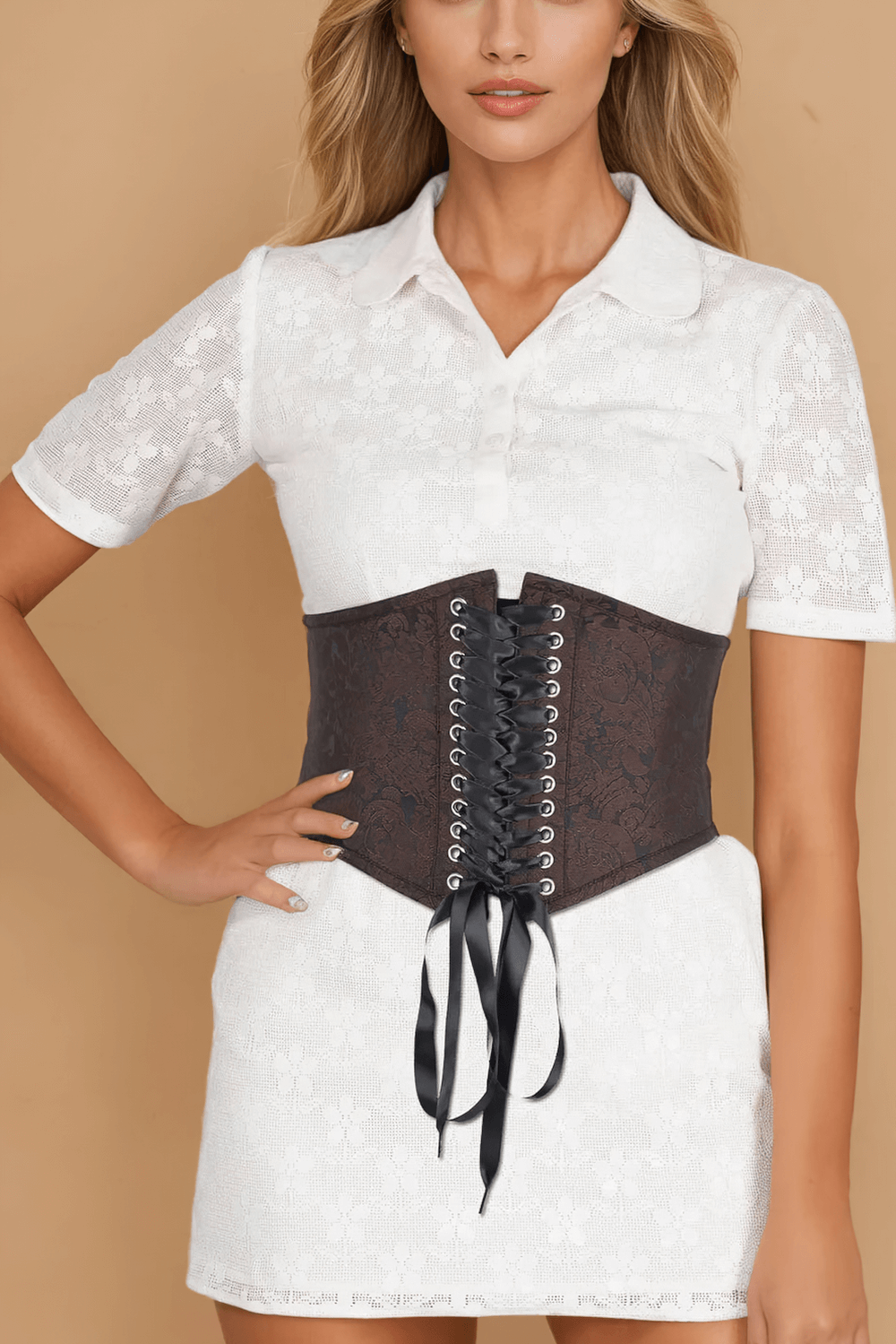 Elegant brocade corset belt with zipper and lace-up details, enhancing vintage style outfits.