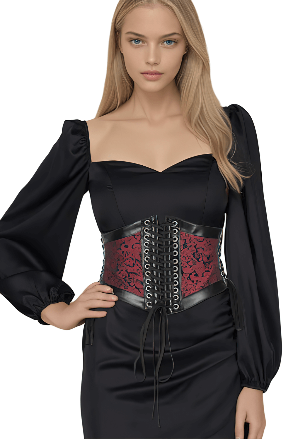 Brocade corset belt with front lacing and back zipper, cinching waist for an elegant gothic style.