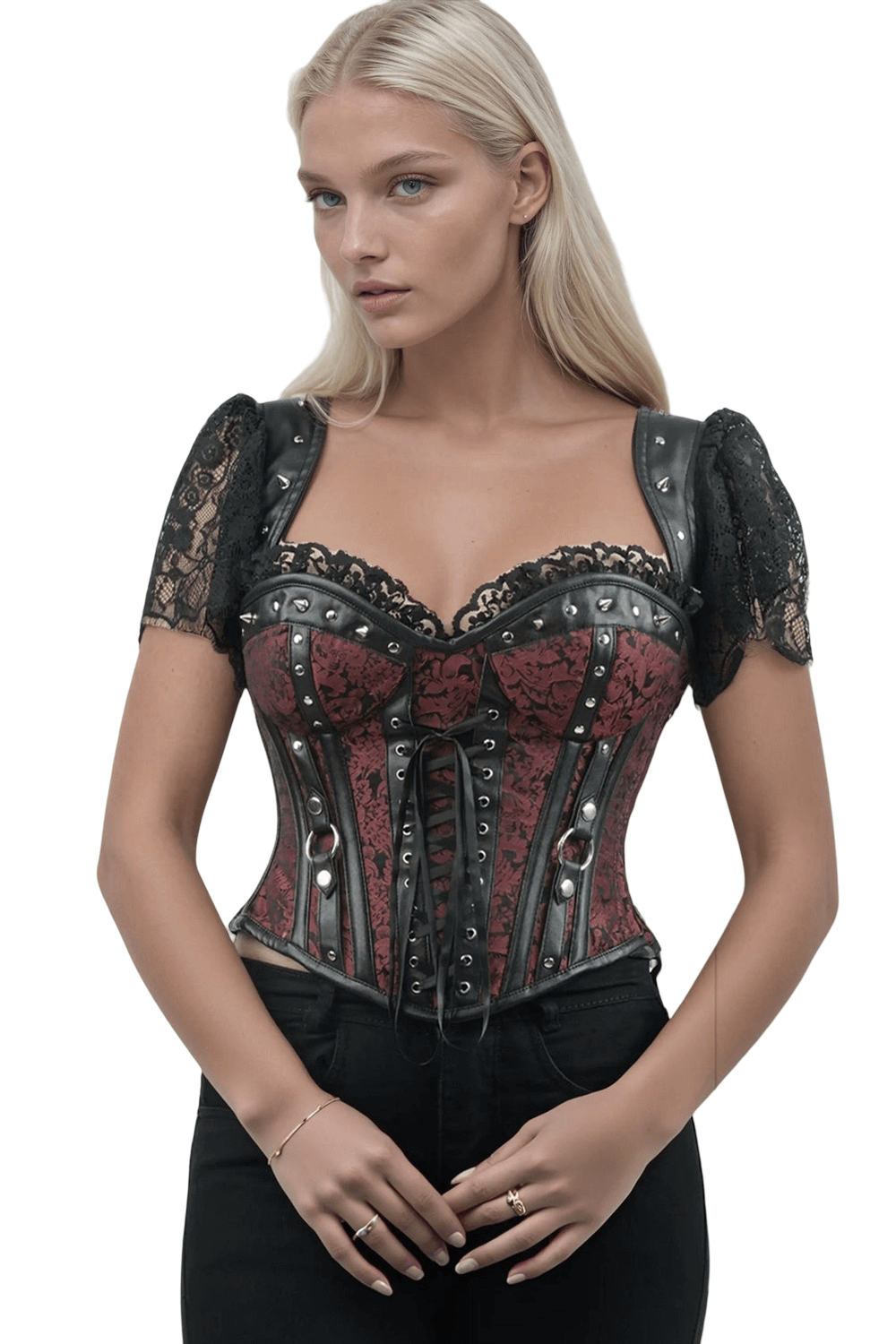 Brocade Overbust Corset with Lace Sleeves and Studs showcasing elegant Gothic design and intricate details.