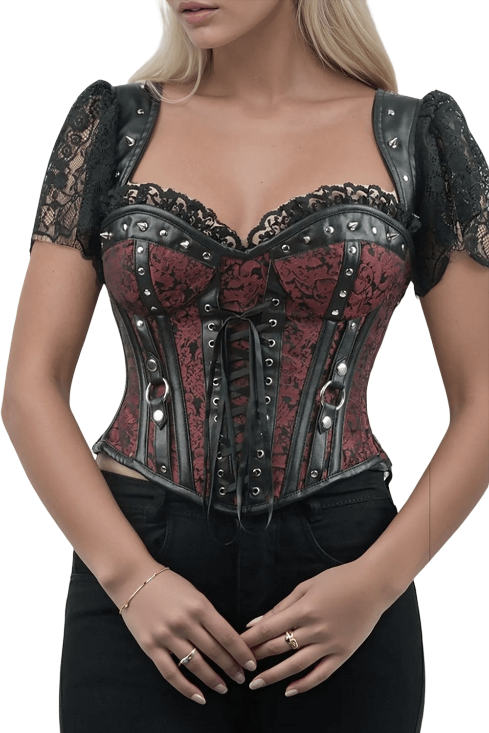 Brocade Overbust Corset with Lace Sleeves and Studs in wine red featuring faux leather details and lace sleeves.