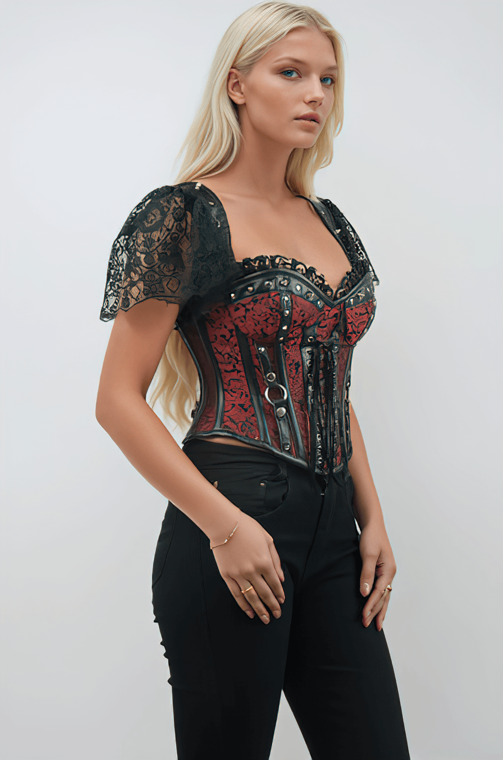Brocade Overbust Corset with Lace Sleeves and Studs worn by a model, featuring lace sleeves and detailed studs.