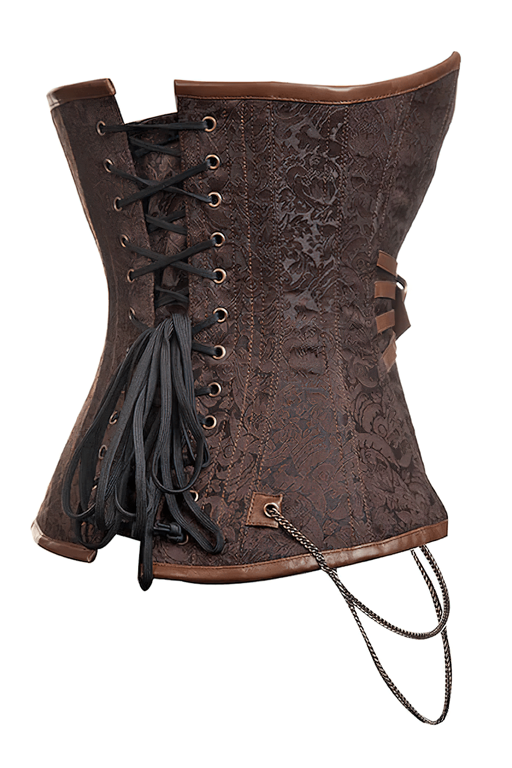 Alt Tag: Brocade Overbust Steampunk Corset With Metal Chains brown brocade steel-boned overbust corset with buckle strap and hanging chains