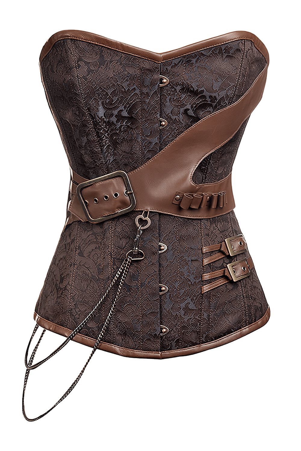 Alt Tag: Brocade Overbust Steampunk Corset With Metal Chains brown brocade overbust corset, buckle chest strap, faux leather accents, steel boned