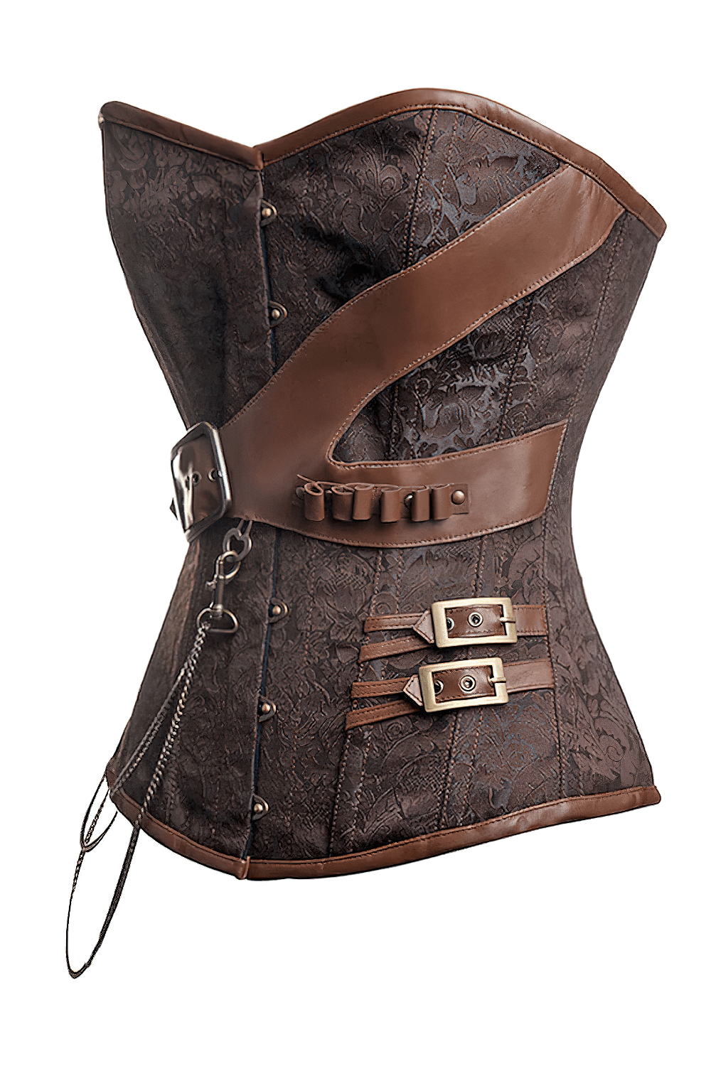 Alt Tag: Brocade Overbust Steampunk Corset With Metal Chains, brown brocade overbust corset with buckle straps, faux leather accents, and hanging chains