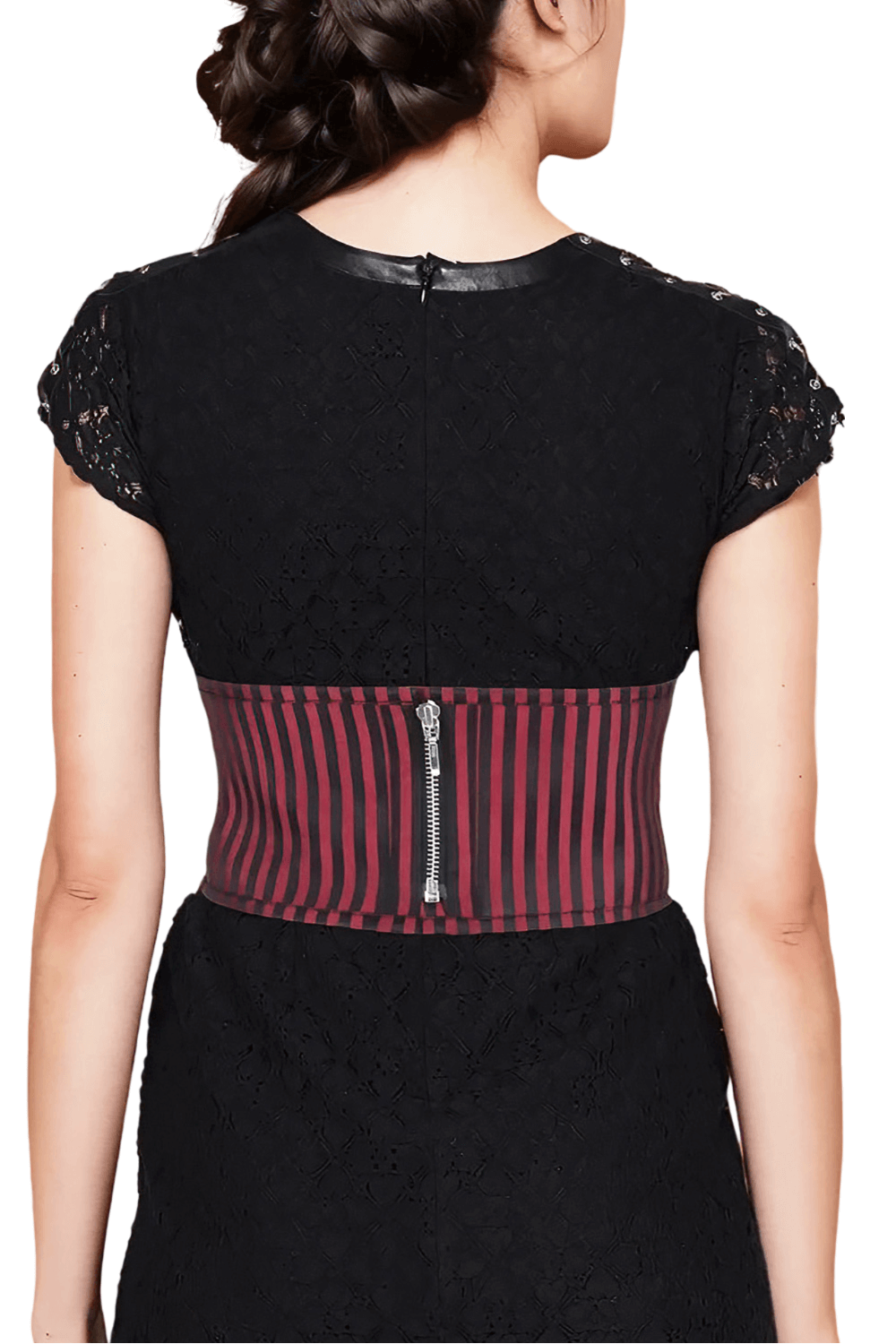 Elegant back view of the Corinne Brocade Corset Belt showcasing rich fabric and stylish zipper detail.