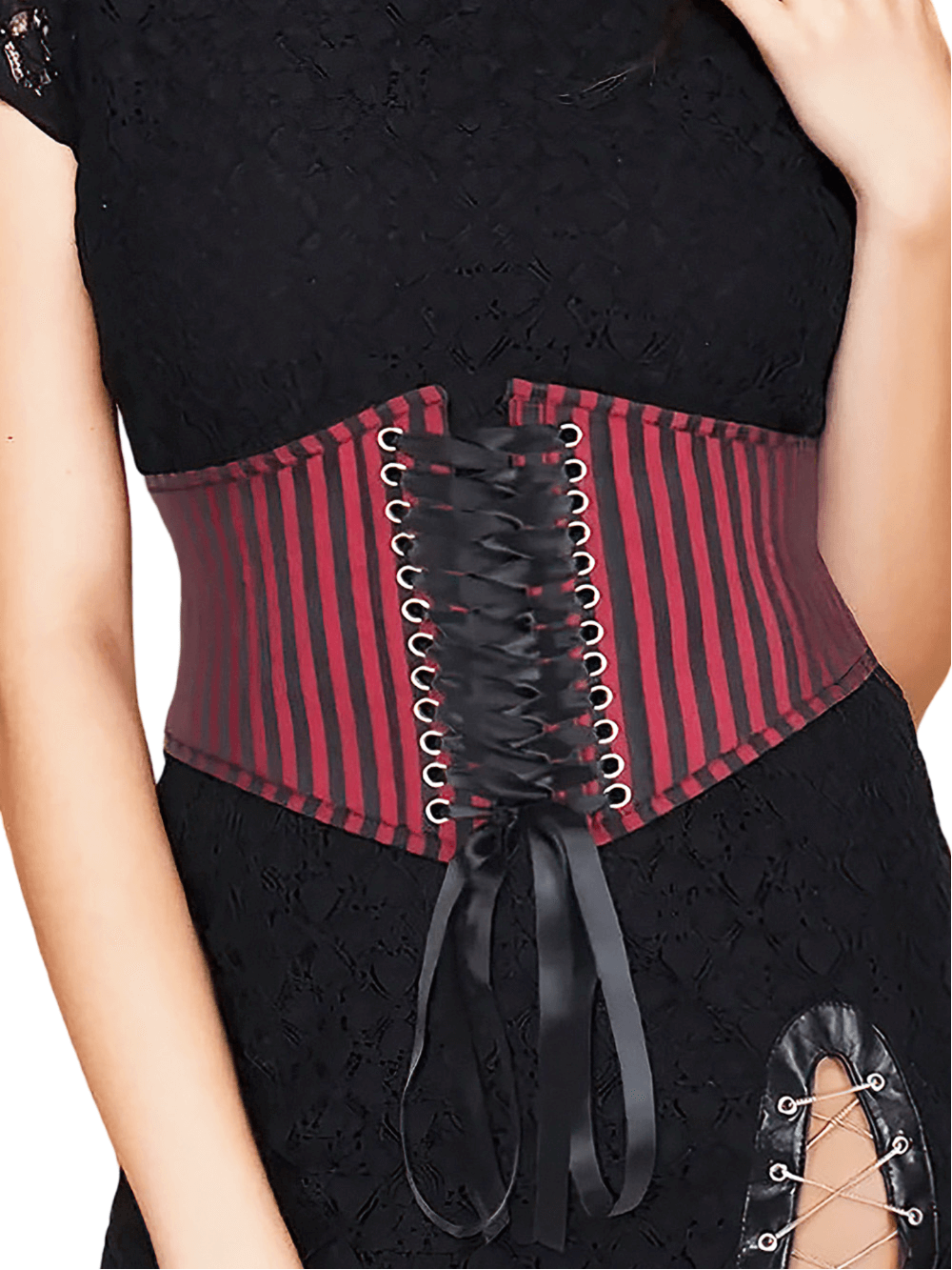 Brocade corset belt with lacing and rich red stripes, perfect for adding elegance to any fashion ensemble.