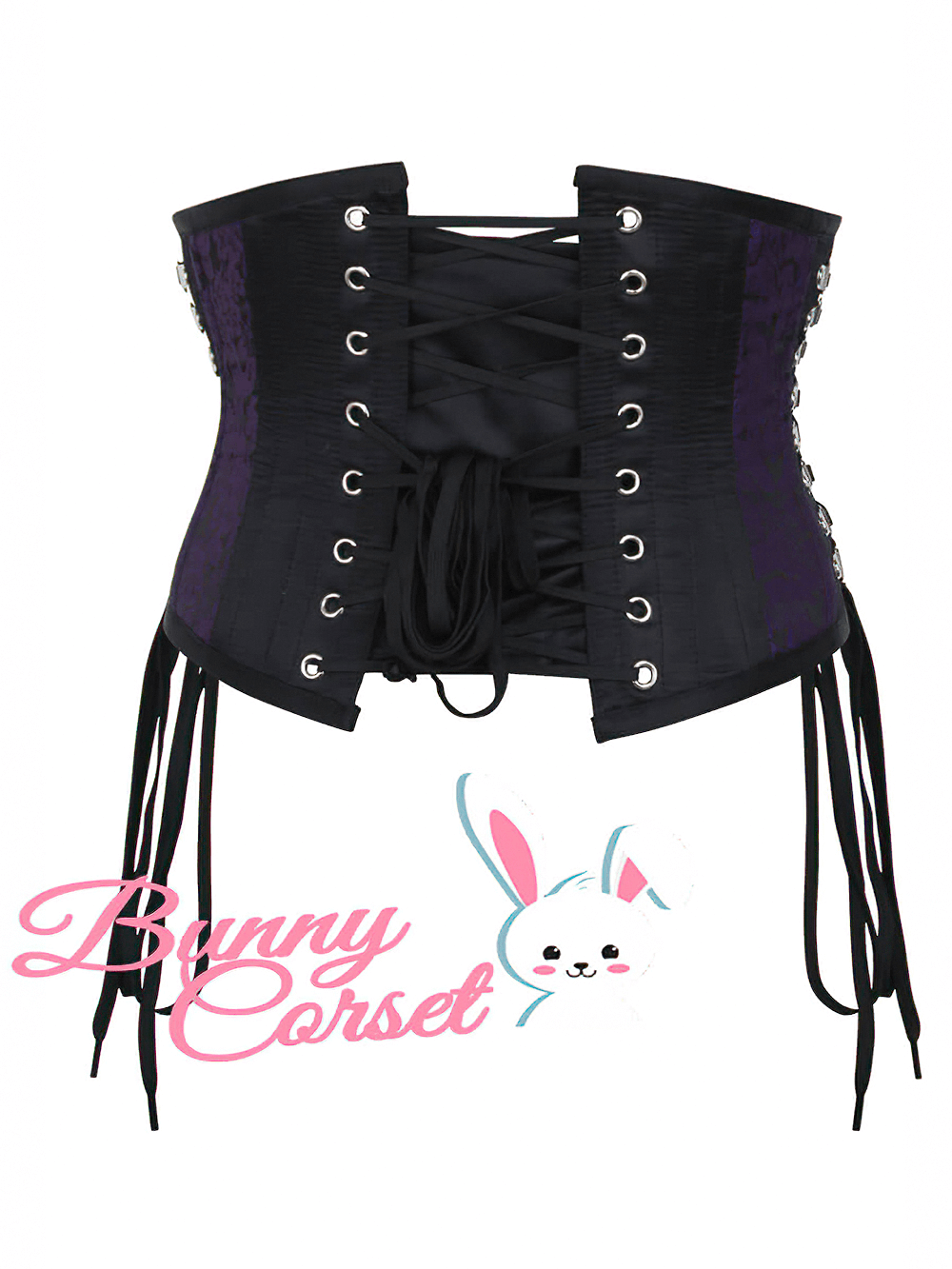 Purple brocade underbust corset with satin accents and lace-up back for stunning waist cinching.