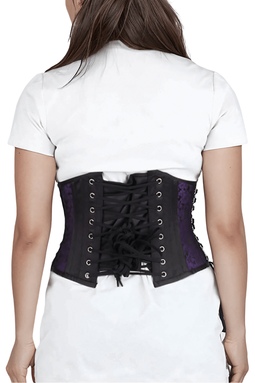 Back view of a purple brocade underbust corset with tight lacing, showcasing elegant satin accents.