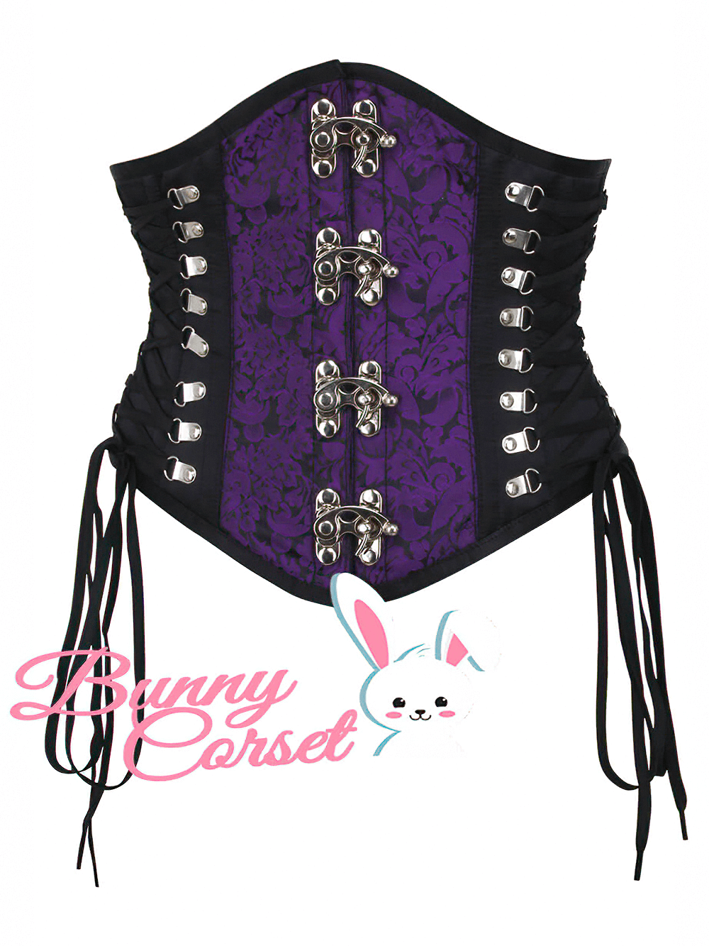 Purple brocade underbust corset with satin accents and steel bones for a stunning silhouette.