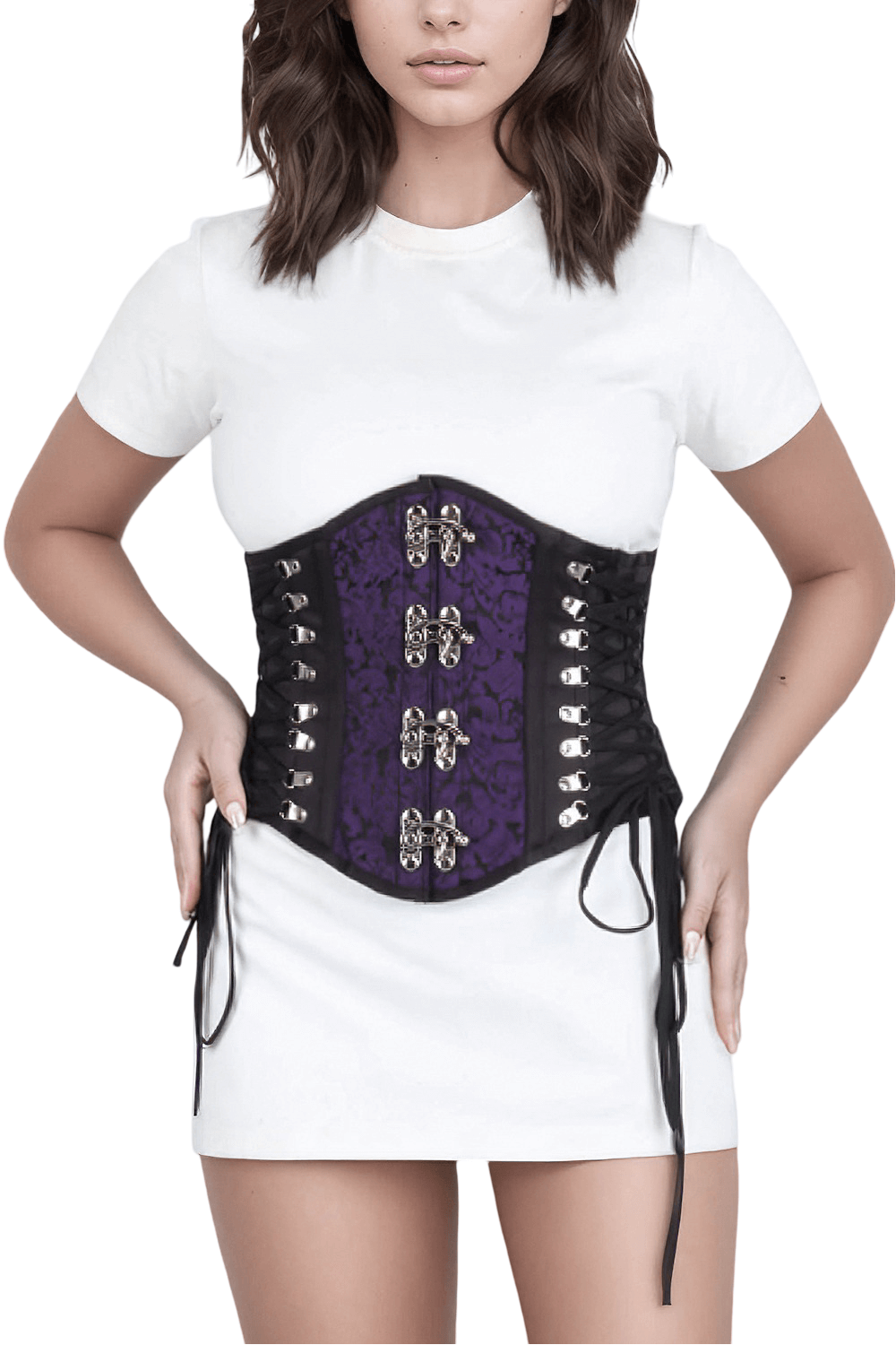 Model wearing a purple brocade underbust corset with satin accents and tight lacing, showcasing elegance and style.