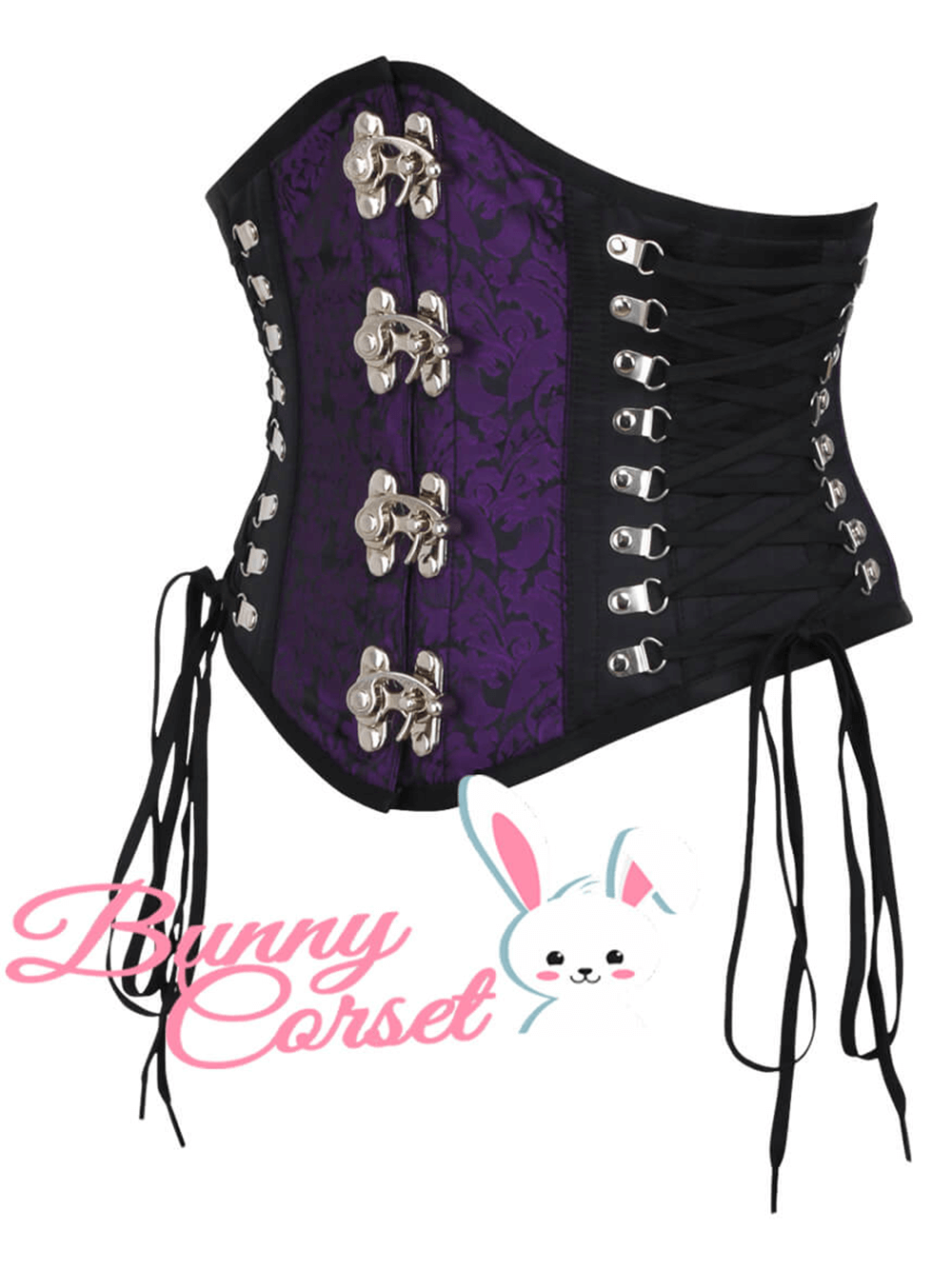 Purple brocade underbust corset with steel boning and satin accents, perfect for waist training and elegant silhouettes.