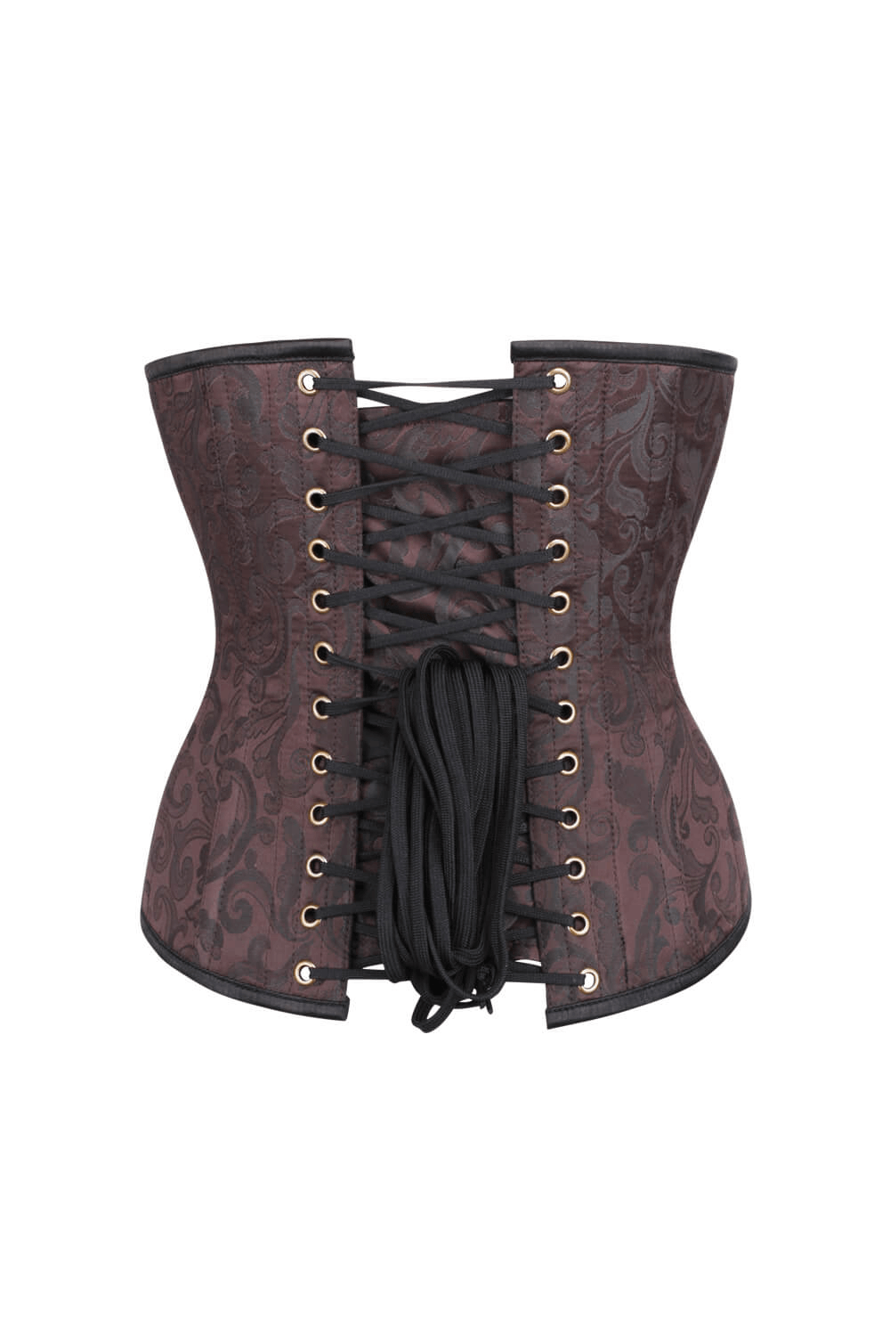 Alt Tag: Brocade Underbust Steampunk Corset and Steel Boning brown brocade underbust corset with back lacing, Victorian waist cincher