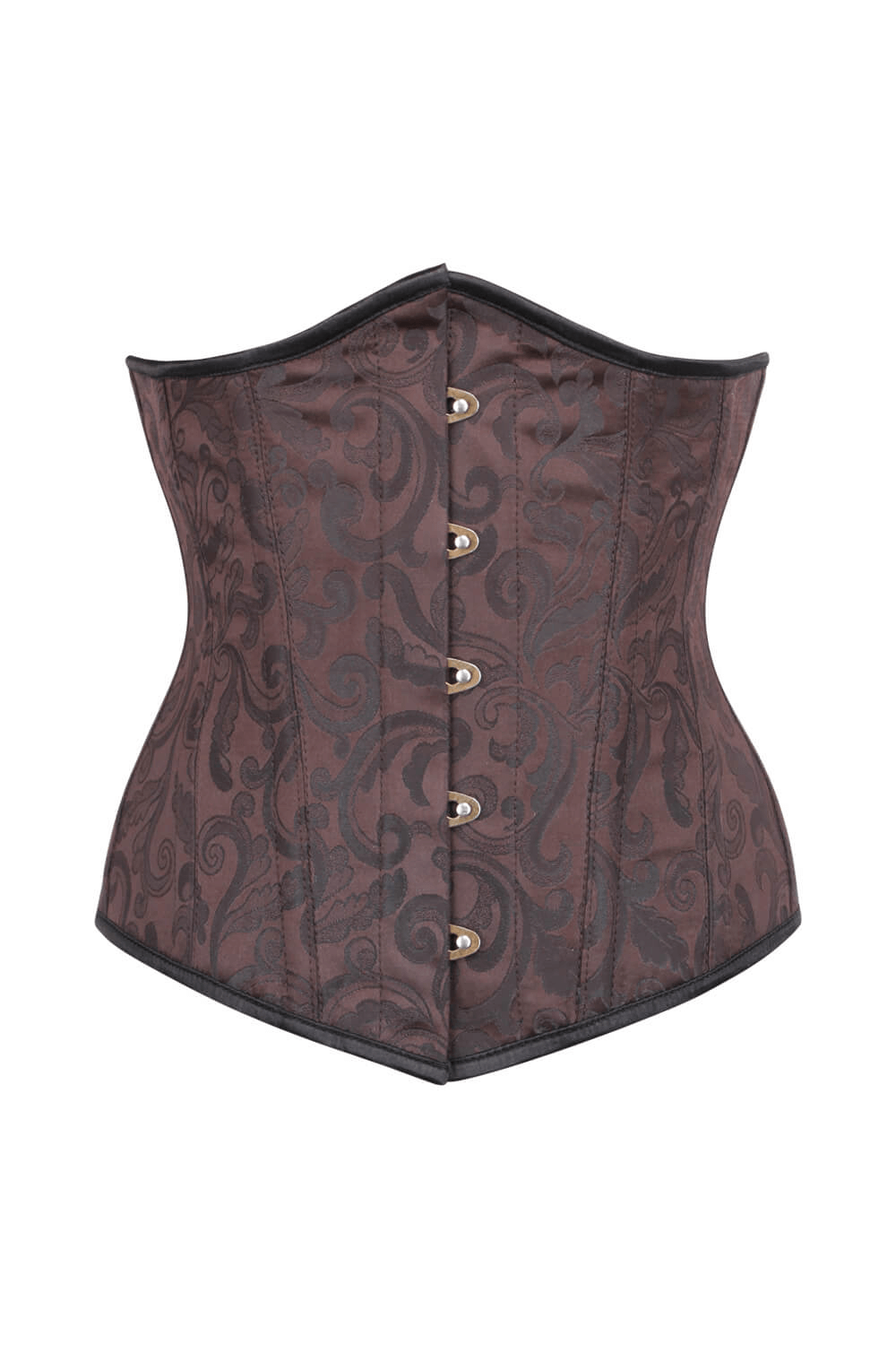 Alt Tag: Brocade Underbust Steampunk Corset and Steel Boning brown brocade underbust corset with metal busk front and swirling pattern