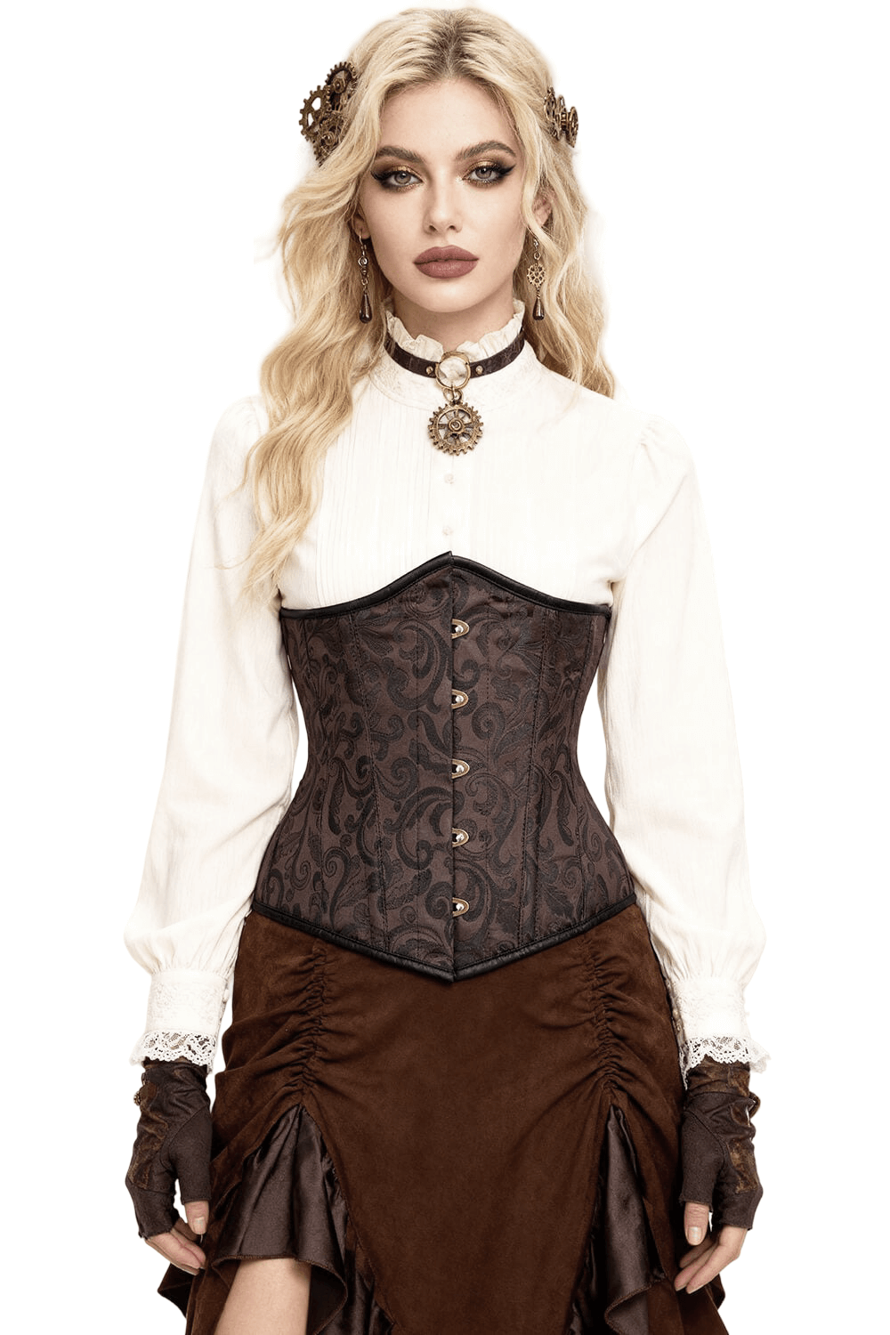 Alt Tag: Brocade Underbust Steampunk Corset and Steel Boning on model, brown brocade underbust with metal busk front, Victorian goth cosplay look