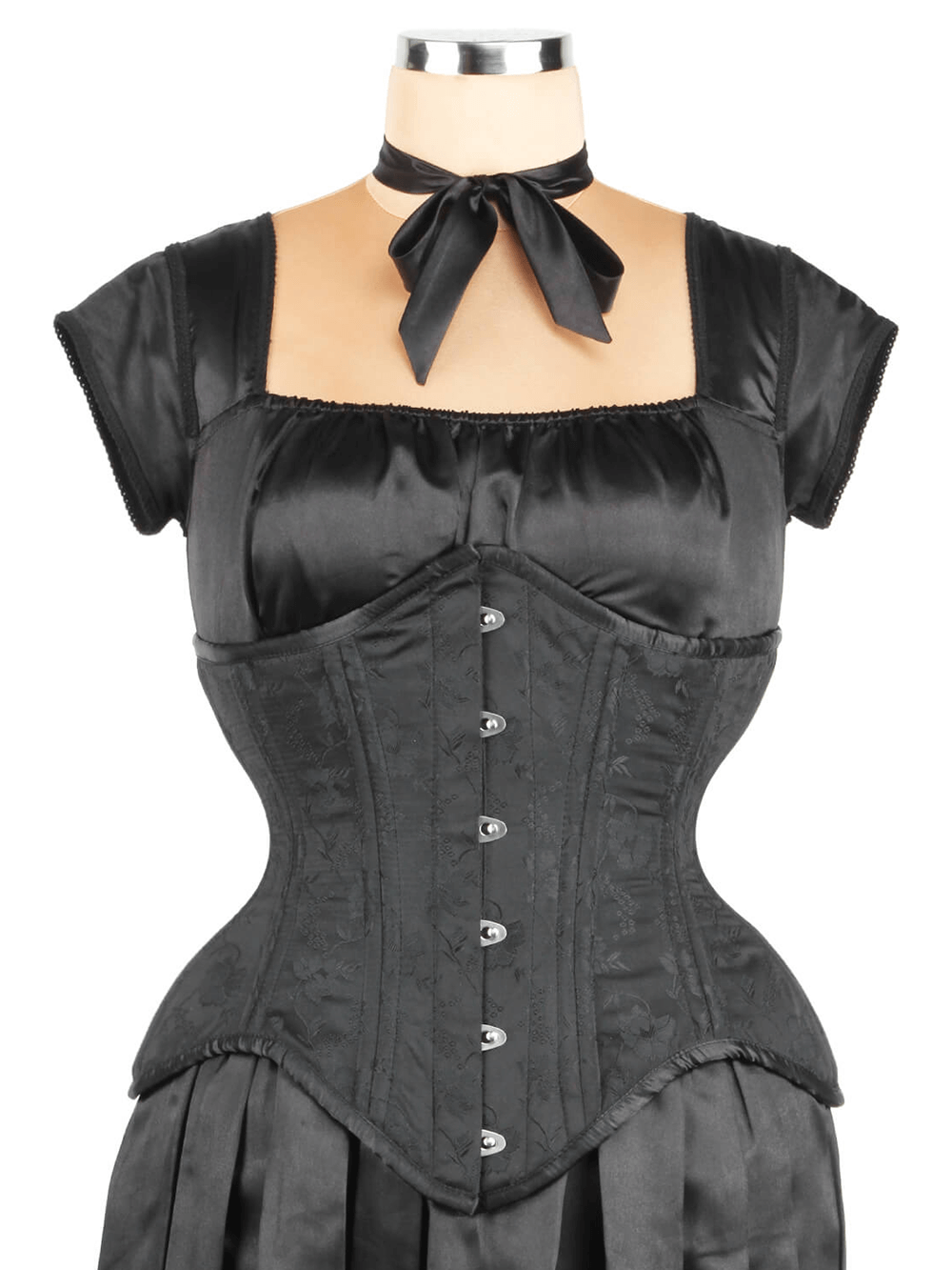 Elegant black brocade underbust corset with buttons, paired with a matching delicate ribbon choker.