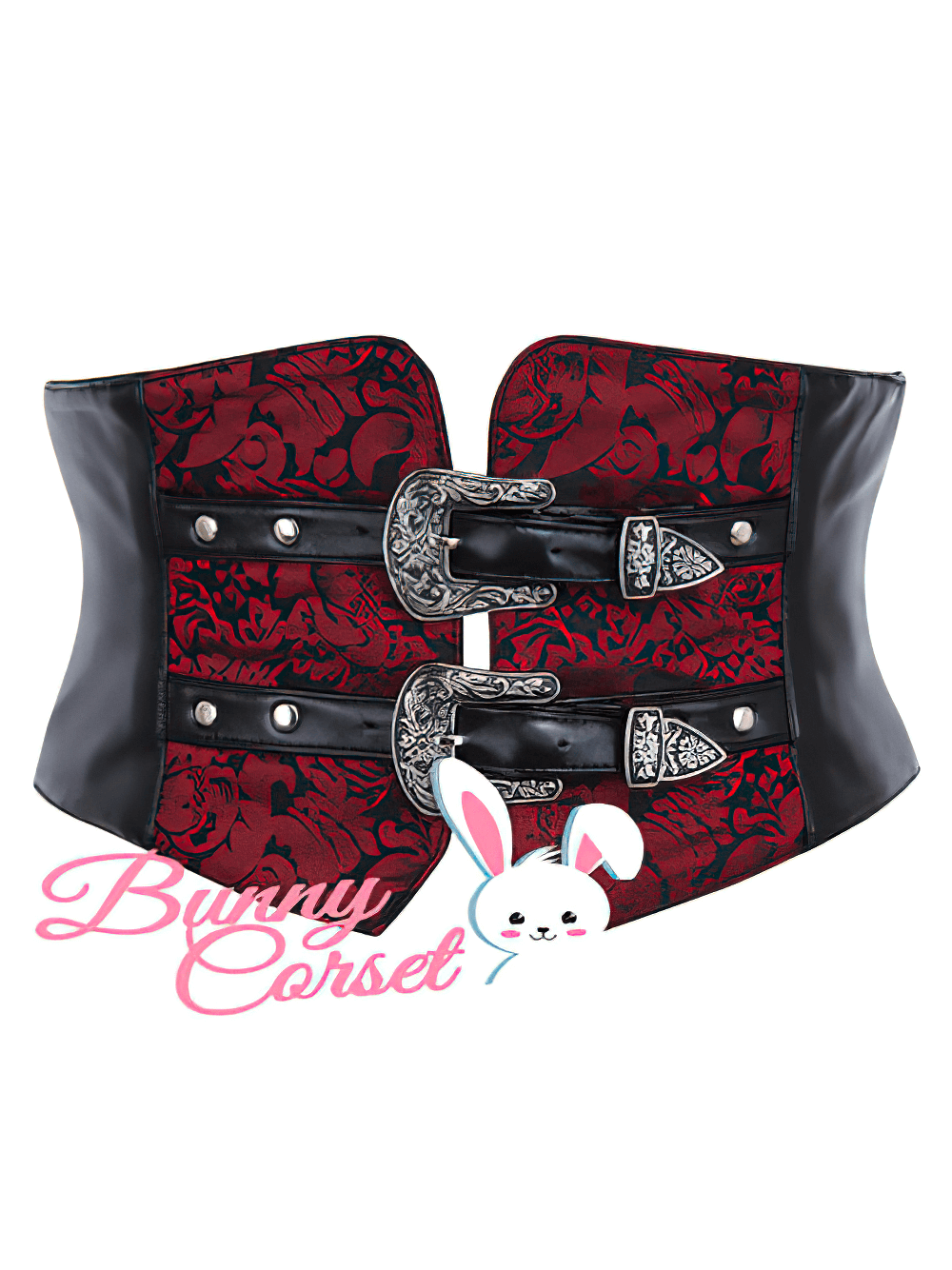 Brocade waist cincher belt featuring red and black floral design with decorative buckles, perfect for gothic fashion.