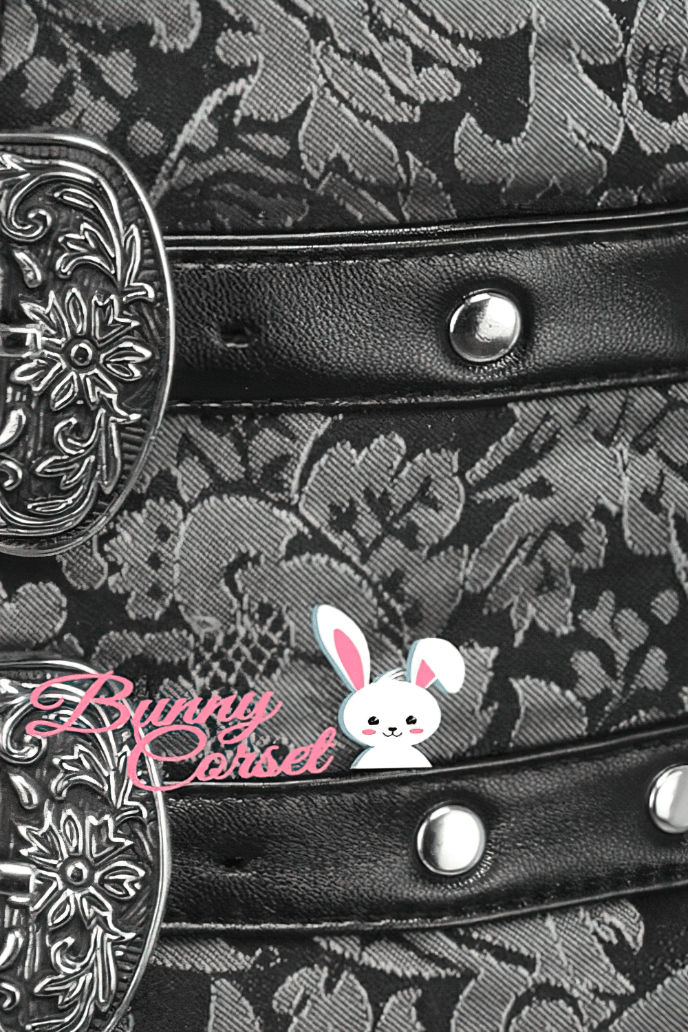 Close-up of the elegant brocade waist cincher belt with decorative buckles and faux leather accents.