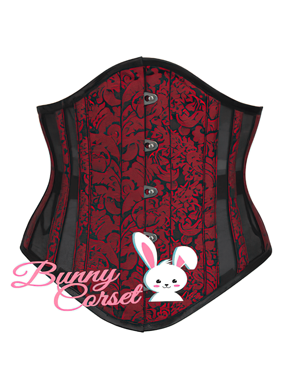 Elegant red brocade waspie corset with steel boning and metal busk, perfect for vintage waist training.