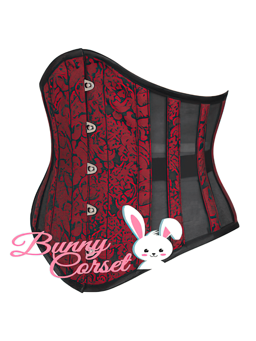 Elegant red brocade waspie corset with waist training design, featuring steel boning and metal busk closure.