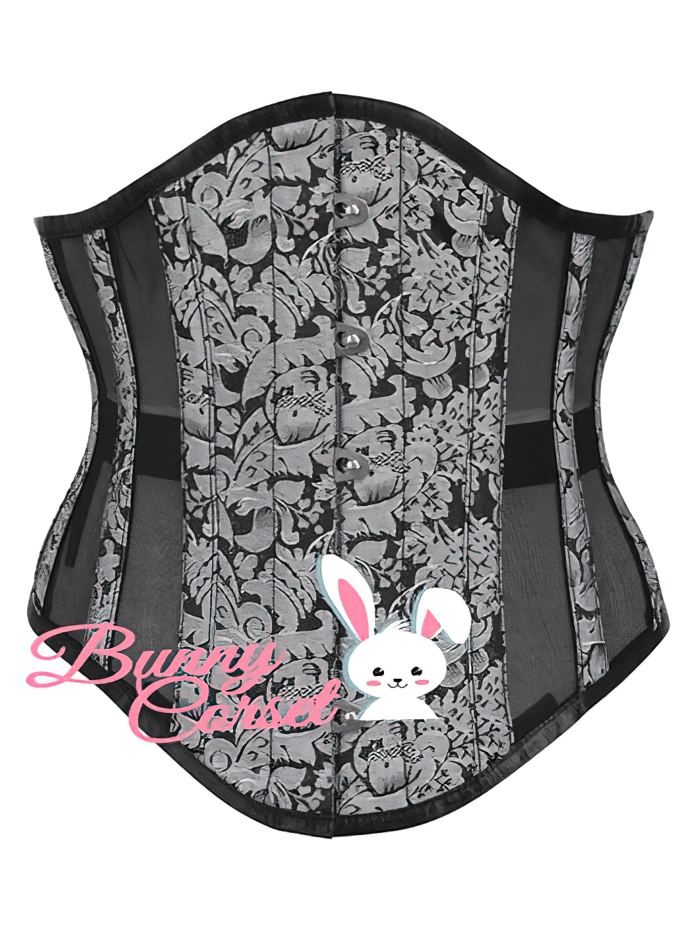 Elegant black brocade waspie corset with vintage floral design, perfect for waist training and silhouette enhancement.