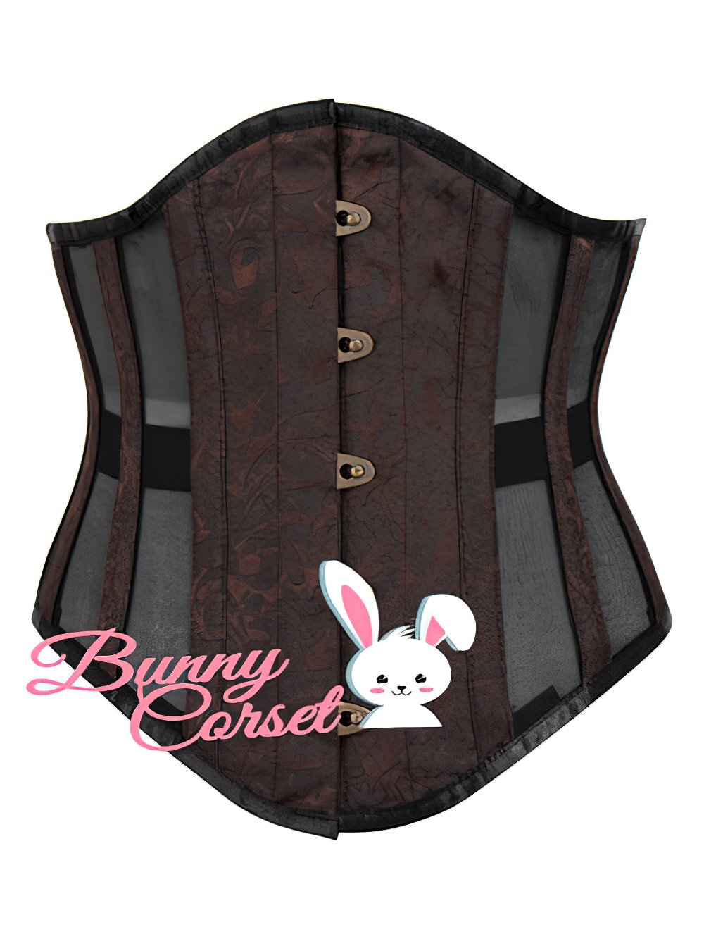 Elegant brocade waspie corset with waist training design and secure metal busk, perfect for vintage styles.