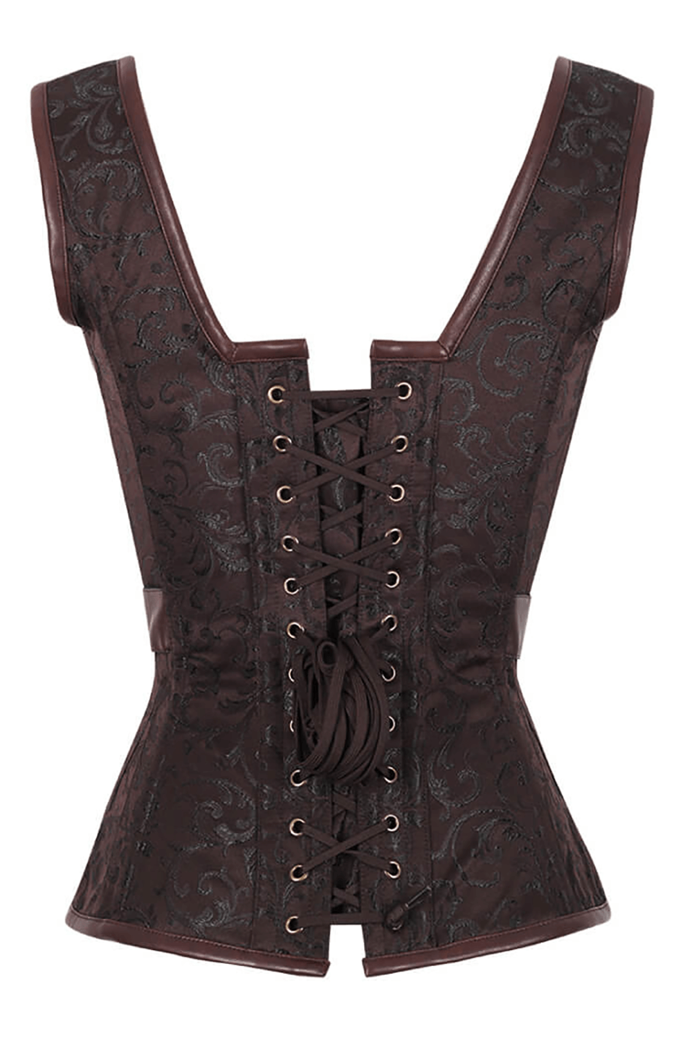 Alt Tag: Brown Brocade Steampunk Overbust Corset and Steel Boning with faux leather panels, brass studs, and front lacing waist cincher