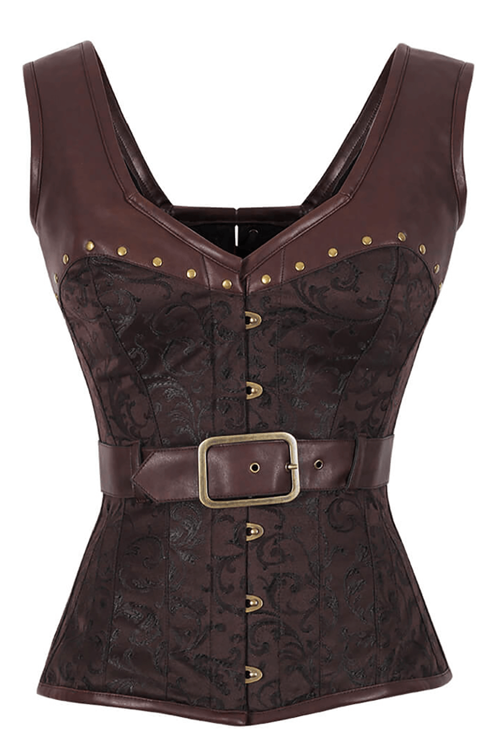 Alt Tag: Brown Brocade Steampunk Overbust Corset and Steel Boning with faux leather panels, brass studs, belt buckle, busk front