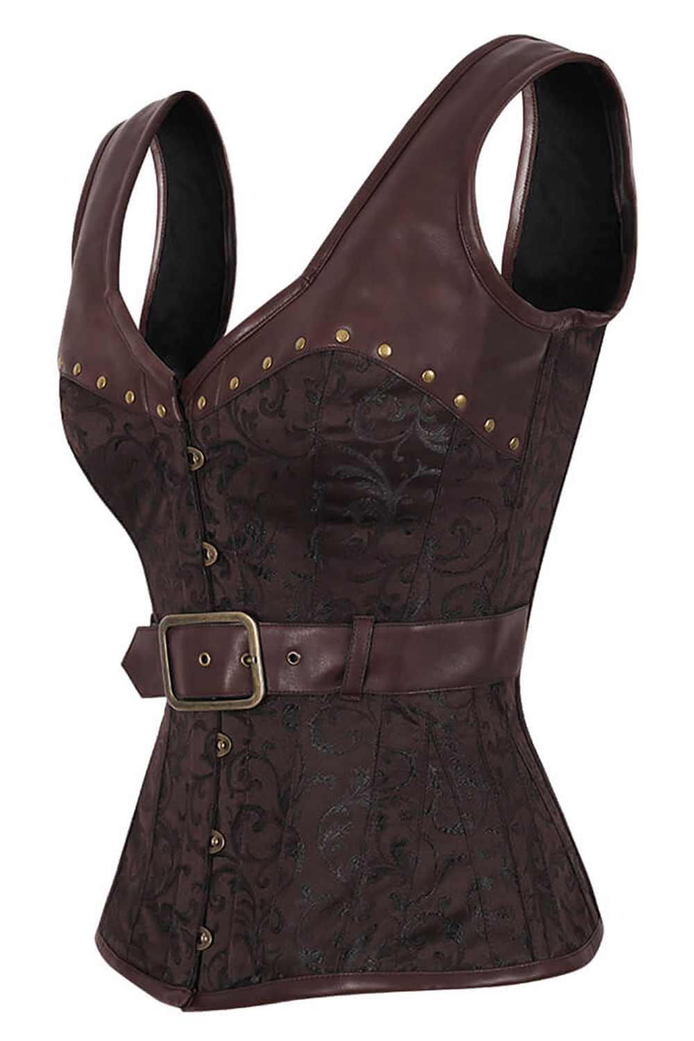 Alt Tag: Brown Brocade Steampunk Overbust Corset and Steel Boning with faux leather panels, brass studs, belt, and busk front