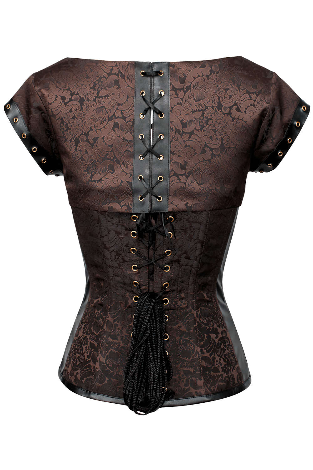 Alt Tag: Brown Brocade Steampunk Overbust Corset Bolero with bolero sleeves, steel-boned waist shaper, lace-up back, gothic steampunk look