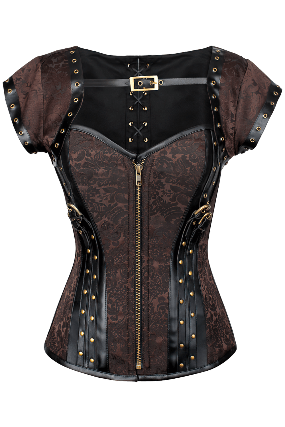 Alt Tag: Brown Brocade Steampunk Overbust Corset Bolero with steel boning, front zipper, lace-up back, studs and buckle accents