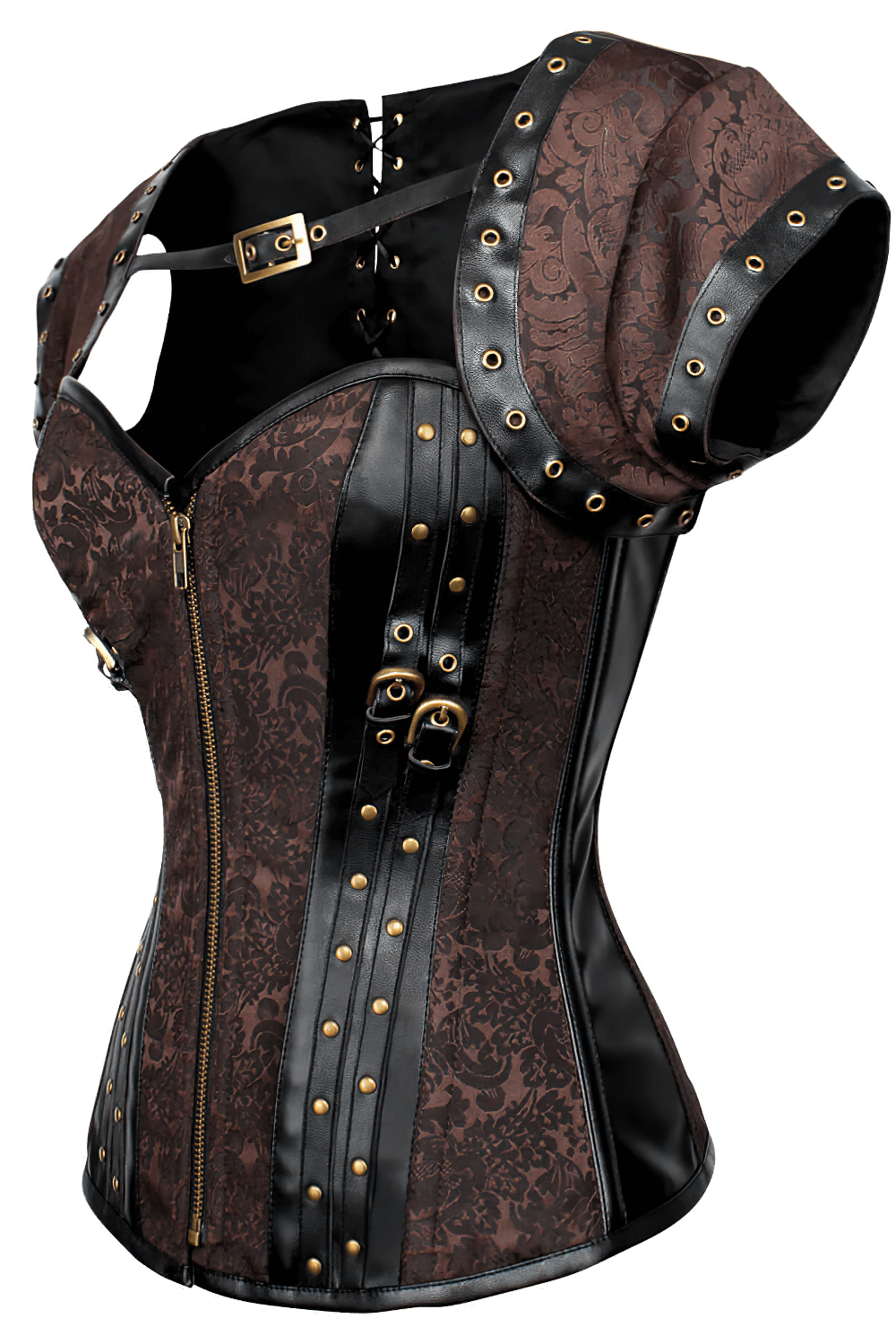 Alt Tag: Brown Brocade Steampunk Overbust Corset Bolero with bolero sleeves, steel boned, front zipper, lace-up back, studs & buckles