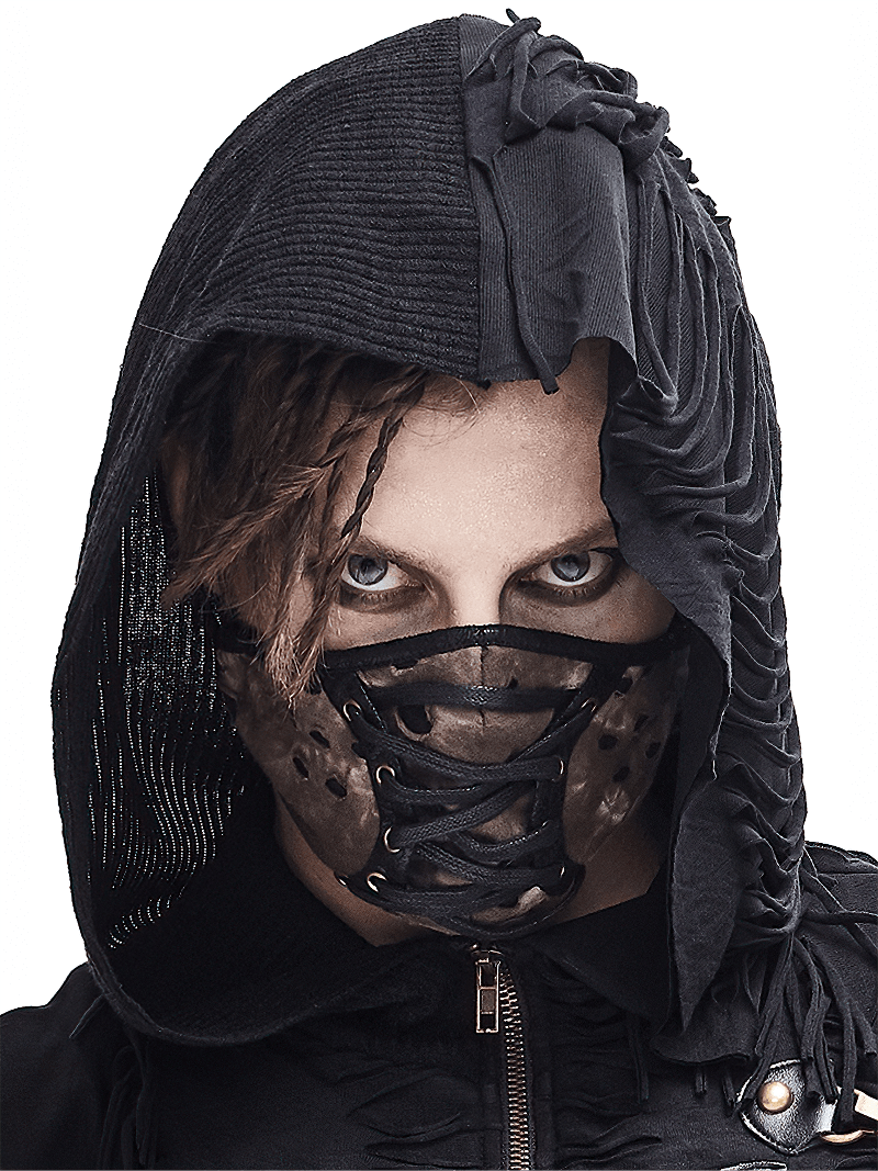 Mysterious model wearing a black steampunk-style mask with lace-up details, showcasing edgy fashion.