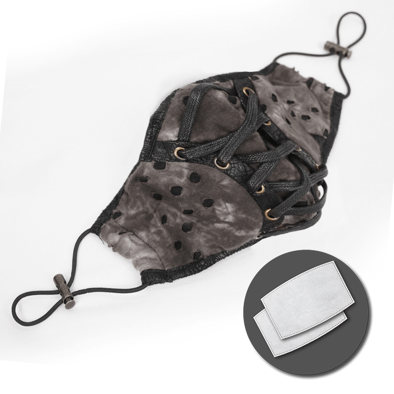 Brown Fabric Face Mask with Lace-up / Steampunk Mask with Faux Leather Parts and holes - HARD'N'HEAVY