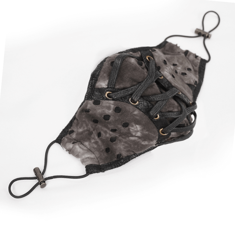 Unisex brown lace-up steampunk face mask with faux leather accents and stylish holes.