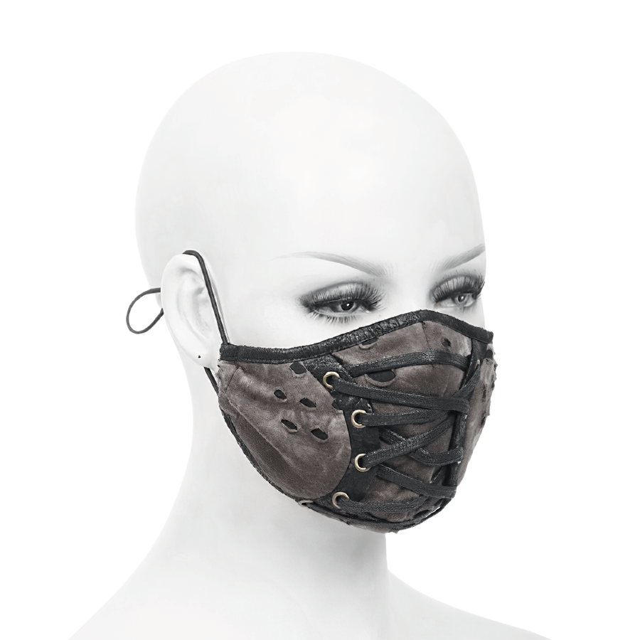 Brown Fabric Face Mask with Lace-up / Steampunk Mask with Faux Leather Parts and holes - HARD'N'HEAVY