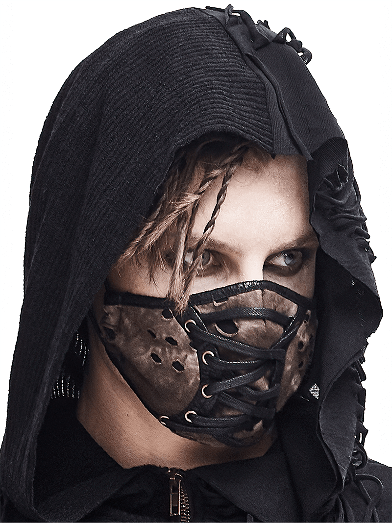 Unisex brown steampunk mask with lace-up design and faux leather accents, stylishly worn by a model.