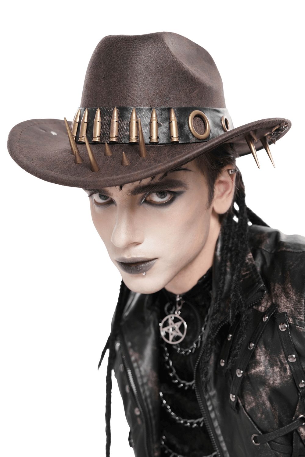 Brown Gothic Cowboy Hat with Metal Bullets and Spikes worn by a models with dramatic Gothic makeup.