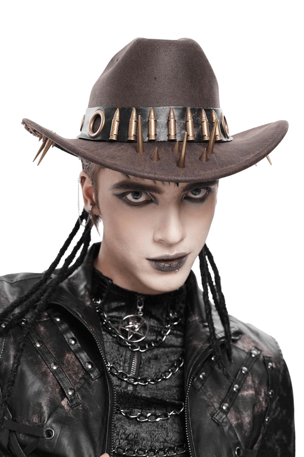 Brown Gothic Cowboy Hat with Metal Bullets and Spikes worn by a model with edgy style accessories.