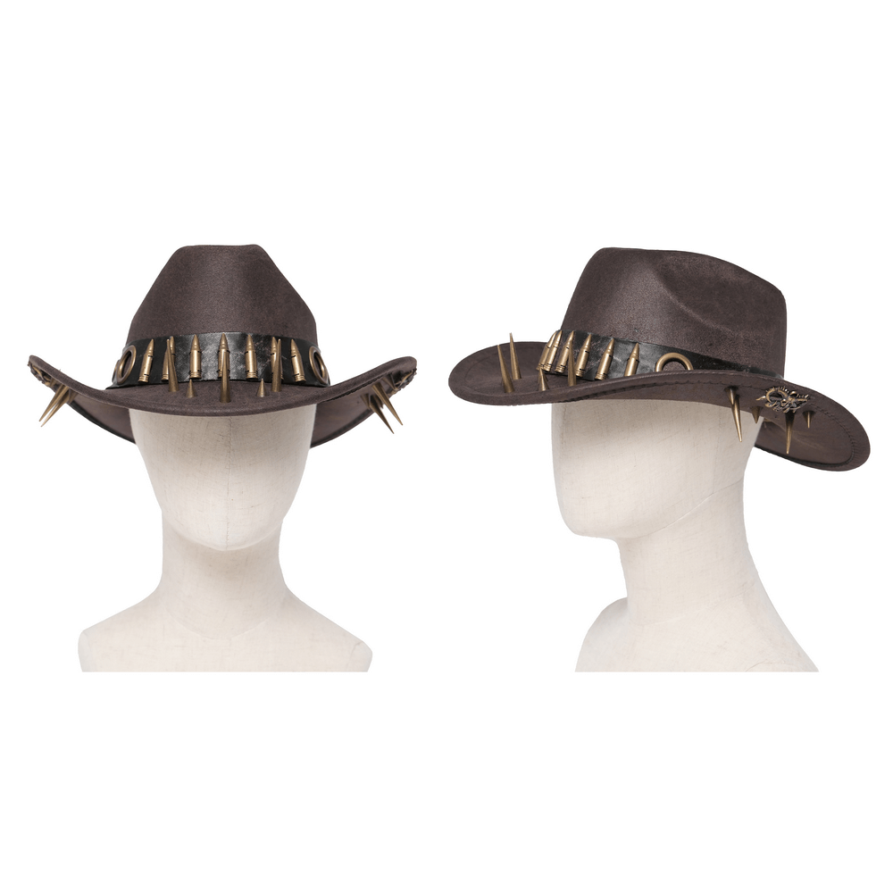 Brown Gothic Cowboy Hat with Metal Bullets and Spikes showcasing spikes and faux leather design.