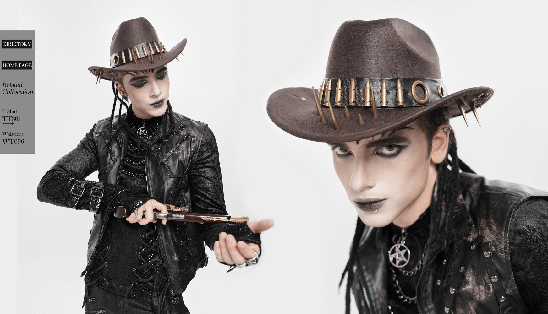 Brown Gothic Cowboy Hat with Metal Bullets and Spikes worn by a model showcasing a steampunk look.