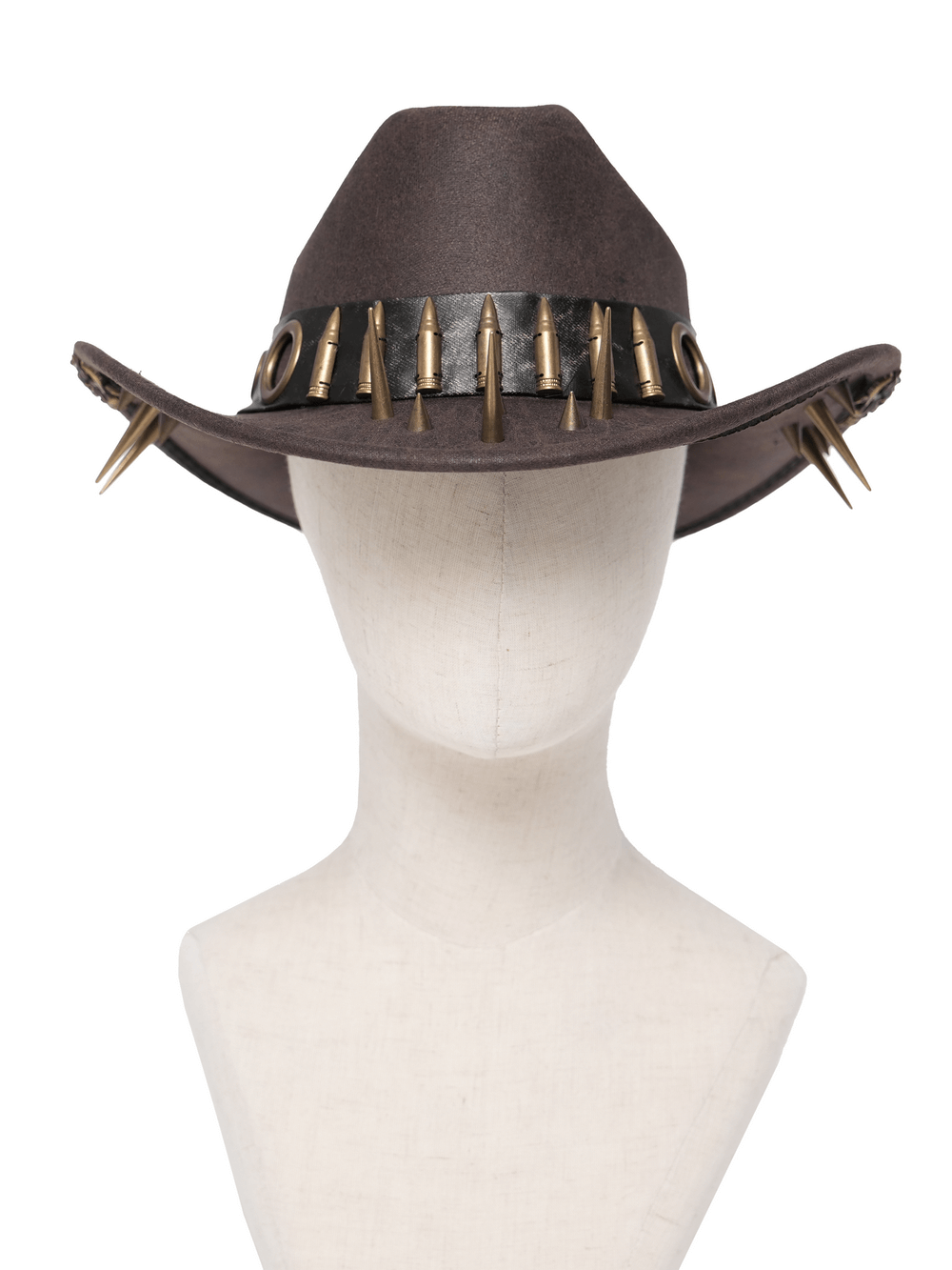 Brown Gothic Cowboy Hat with Metal Bullets and Spikes featuring spikes and a stylish bullet band.